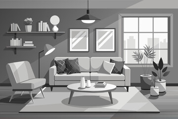 A serene, monochromatic living room, with shades of grey and white creating a peaceful and cohesive space