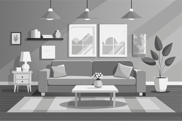 A serene, monochromatic living room, with shades of grey and white creating a peaceful and cohesive space