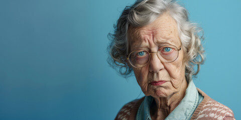 Ugly evil old woman teacher is disappointed with the students on blue background.