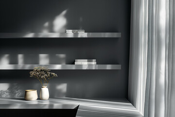 Minimalist study room in Manhattan with angular shelves, black and white palette, diffused morning light enhancing a spacious design