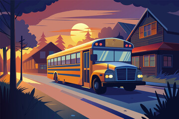 A school bus illuminated by the early dawn light, making its first stop of the day