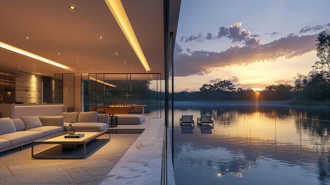 Sunset colors filling a modern living space with an open view to a tranquil water body