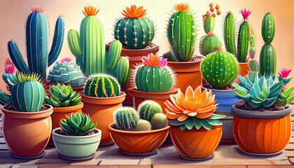 Assorted potted cacti collection, various shapes and textures, illustrations.