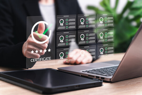 Top service and business work, Assessment for the certificate concept, Women use tablets evaluation online survey exam on e-document and approved international standard certification, Best quality