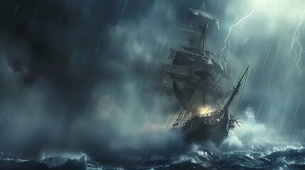 pirate ship sailing on the sea, 3D render - obrazy, fototapety, plakaty
