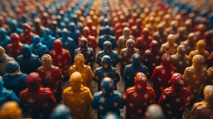 Colorful array of miniature figurines in soft focus