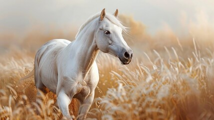 Craft an image of a breathtaking oil painting portraying the radiant beauty of a white horse with smooth and lustrous fur