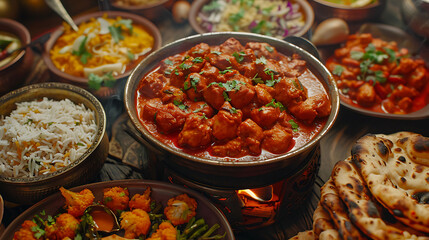 indian food feast with chicken tikka masala curry, tandoori chicken and appetizers - obrazy, fototapety, plakaty
