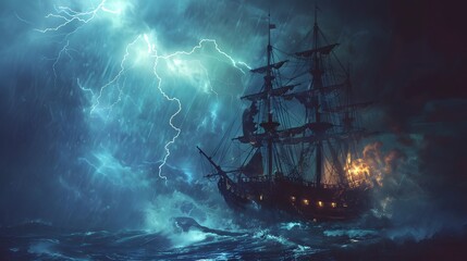 Naklejka premium pirate ship sailing on the sea, 3D render