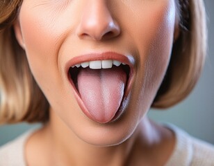 Frau mit schöne weiße zähne rote Lippen streckt die Zunge raus. 