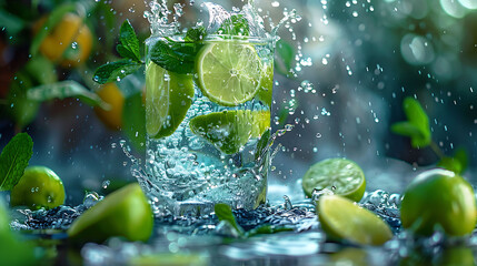 lime and mint falling into a cocktail splashing 