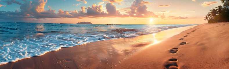 Footprints on a tropical beach at sunset, perfect for summer vacation and travel-related promotions.