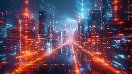 Obraz premium Futuristic cityscape with vibrant lights and data overlays