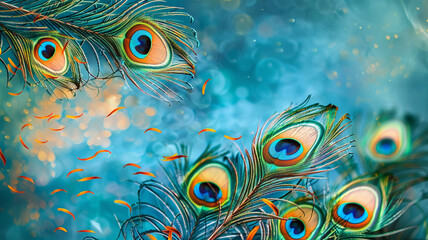 Vibrant birds leave on the 3D abstract wallpaper on the living wall. Peacock feathers on a background of abstract.