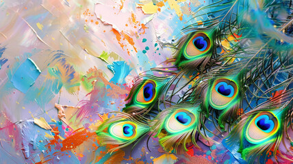 Vibrant birds leave on the 3D abstract wallpaper on the living wall. Peacock feathers on a background of abstract.