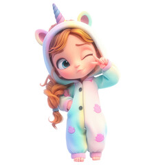 A cute cartoon girl in unicorn pajamas set against a transparent background playfully counts to five using her fingers