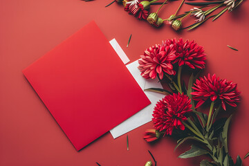 Stylish elegant red flat lay floristic greeting invitation post card, copy space mockup. - obrazy, fototapety, plakaty