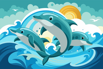 A group of playful dolphins frolicking in the waves