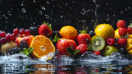 Panoramic wide black background with assortment of fresh fruits and water splashes, High resolution collage for skinali - Powered by Adobe