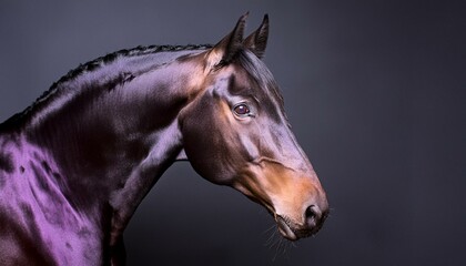 ai generative of purple and brown half horse; wearing a harness; dark theme background