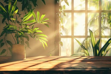 wood table background with sunlight window create leaf shadow on wall with blur indoor green plant foreground.panoramic banner mockup for display of product,warm tone lights - generative ai