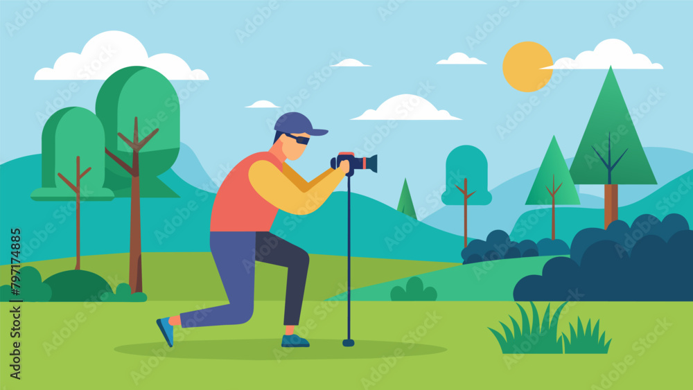 Poster in a quiet park a visually impaired individual practices their photography skills using a haptic cam