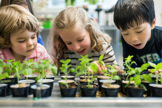 children growing plants, looking after plants