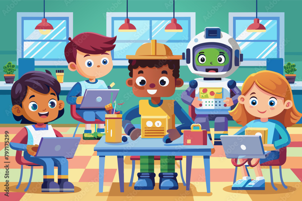 Poster a group of children coding robots in a brightly lit classroom