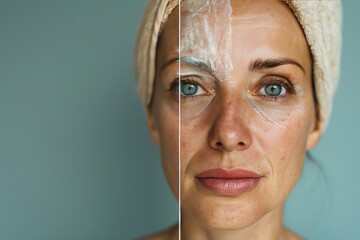 Youthful facial aging integrates dermatology and aging spectrum in lifes stages, showing old wrinkle adaptation and visual age comparison.