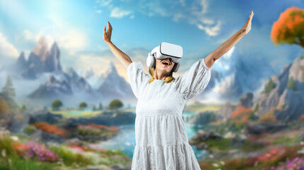 Caucasian girl enter metaverse while spread arms with relax at fantasy forest. Excited woman enjoy...