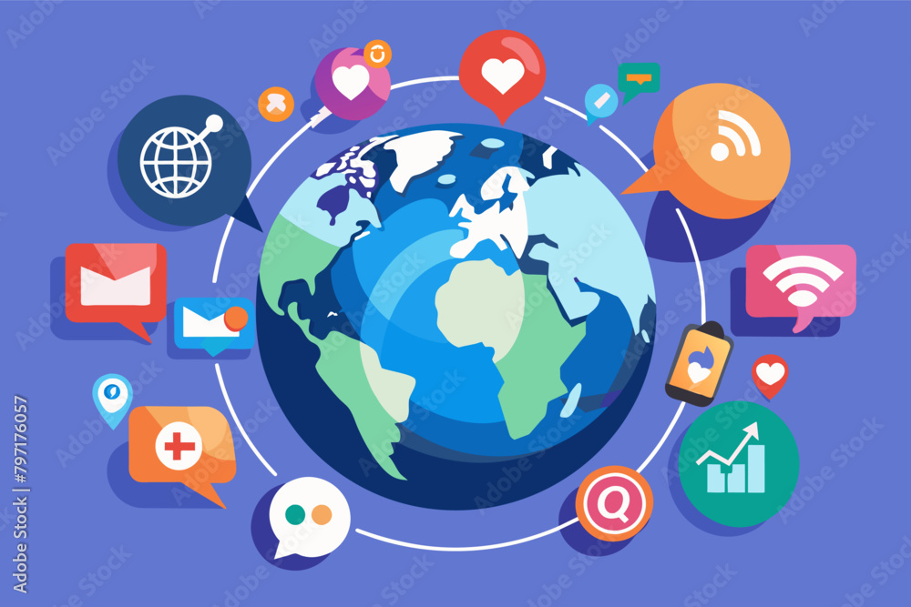 Poster a globe with interactive social media icons pulsating around it signifies global reach and audience 