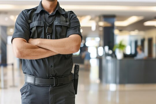 Security guard professional safety patrol man police employee mall safe business protect serve confident authority public space secure guarding agent staff shop convenience store grocery