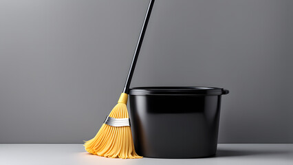 A yellow broom is leaning against a black bucket - obrazy, fototapety, plakaty