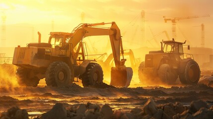 Digger machines working in sun view - obrazy, fototapety, plakaty