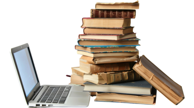 Stack of books with laptop
