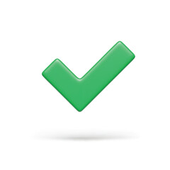 3D realistic green right check mark sign on white. Yes or correct check mark. Validation, approved concept, safe account, confirmed transaction three-dimensional vector