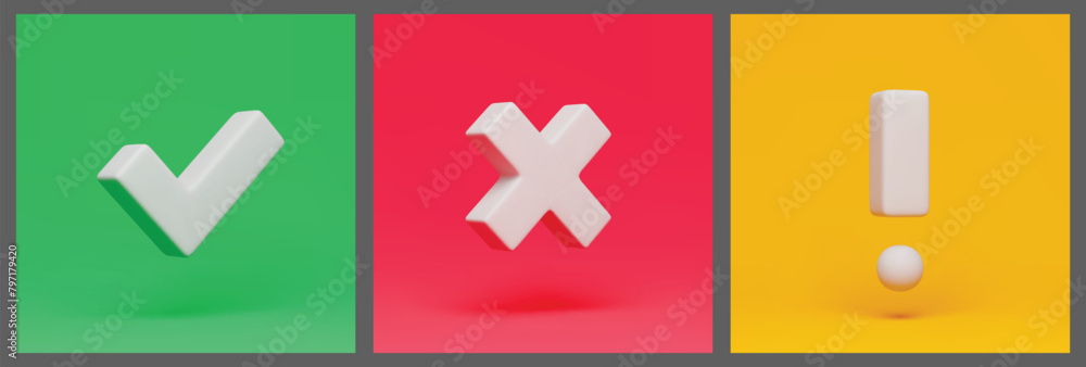 Poster right, wrong and exclamation caution check marks 3d square buttons set. acceptance, rejection and at