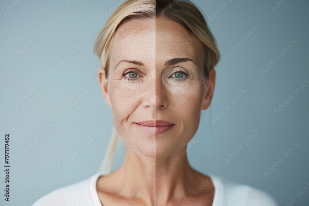 Poster aging depiction contrasts generational differences through smooth life portrayal, integrating skin s