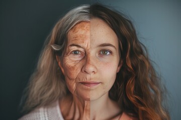 Aging beauty and health integrated in vertical age split, contrasting aging lifestyle and portrait halves with rejuvenation stages.