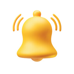 Plastic yellow ringing hand bell icon 3d realistic on white. Golden notification bell for social media notice event reminder, website and app element three-dimensional rendering vector illustration
