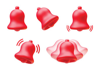 3d realistic notification red plastic bells icons set. Ringing alarm bells with new notification for social media notice event reminder, apps elements three-dimensional rendering vector illustration