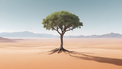 In the desert's center, a lone tree stands against the vast expanse, with distant mountains framing the scene, a testament to life's resilience.