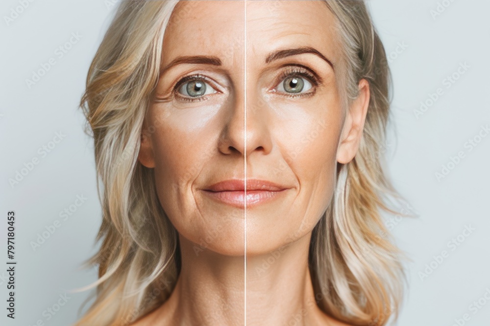 Poster facial contouring in aging integrates aging identity with skincare solutions, contrasting two-part a