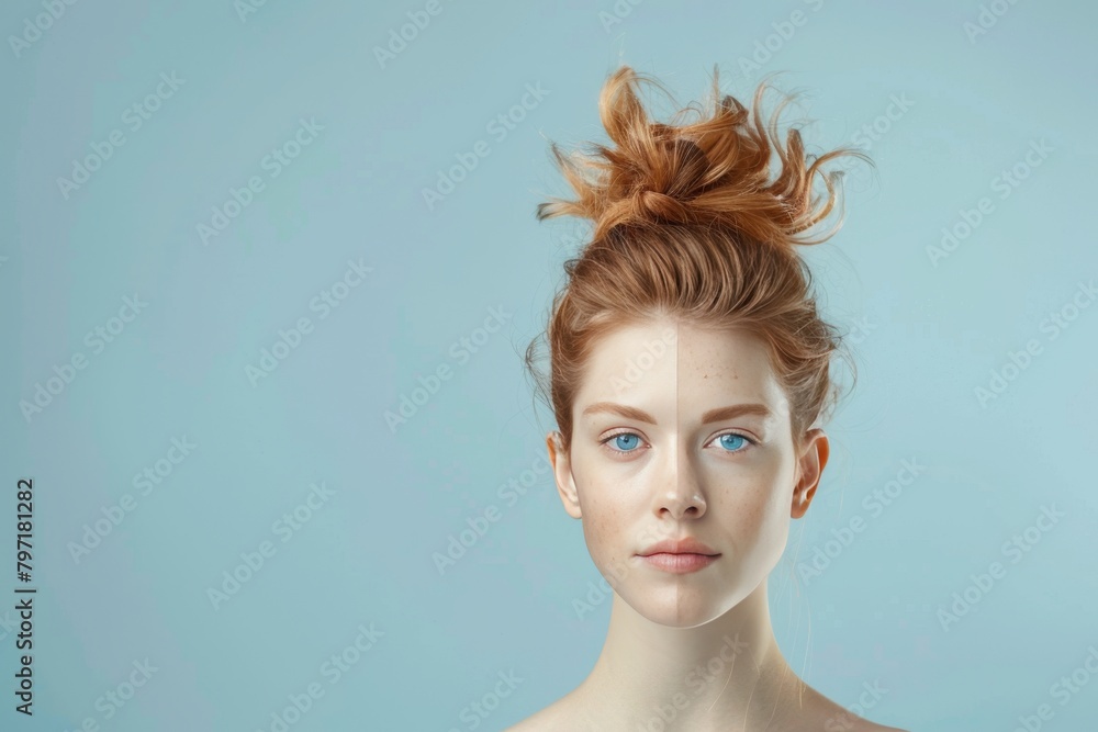Poster visual effects in portraits underscore skincare science and aging effects through metaphors of aging