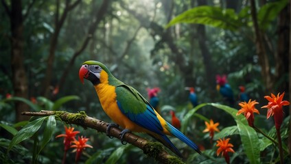 Obraz premium A tropical rainforest teeming with colorful birds and flowers, vivid greens mingling with bright exotic hues ai_generated