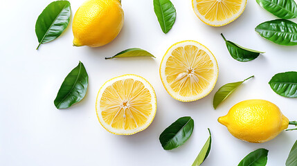 Whole and half sliced lemon with green leaves isolated on white background, Top view, Flat lay