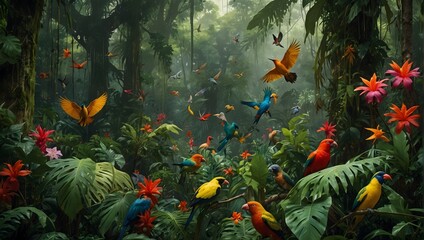 A tropical rainforest teeming with colorful birds and flowers, vivid greens mingling with bright exotic hues ai_generated