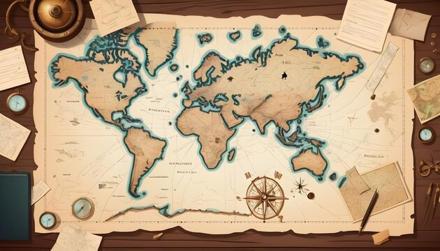 Upon a table lies an old map, continents bathed in faded blue hues. Beside it, an antique circle watches, pen, and parchment evoke an era of exploration and discovery.