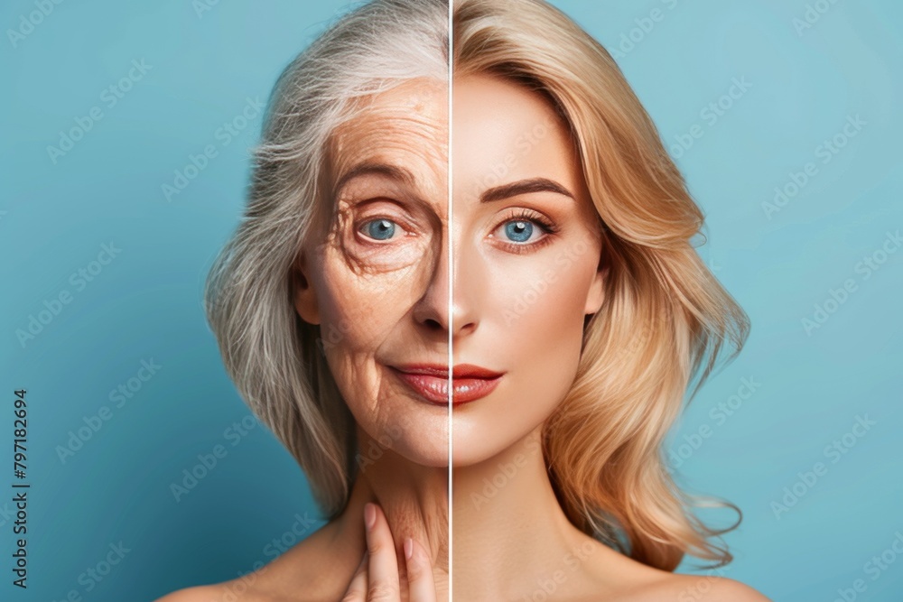 Poster generational aging and identity explored in skincare regimens for smooth skin, visualizing aging spl