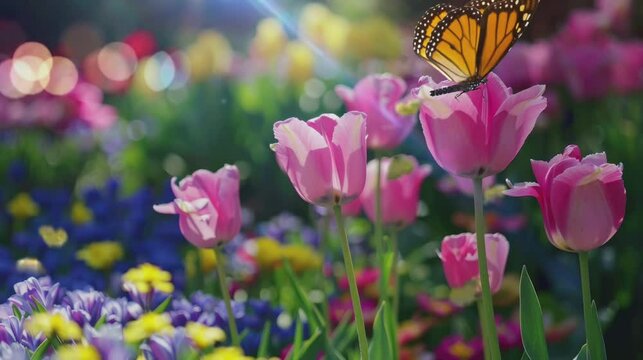 in the flower garden there are beautiful pink flowers and butterflies . seamless looping time-lapse virtual video Animation Background.